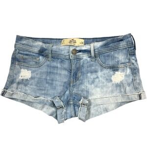 Hollister Short-Short 28" Blue Bleach Dyed Distressed Low Rise Denim Cutoffs Y2K